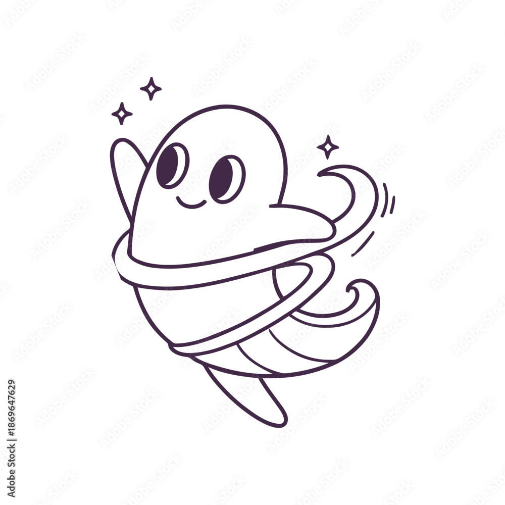 Obraz premium A cute cartoon ghost with a smile and sparkles flying through the air in a whimsical illustration
