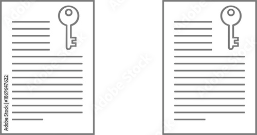 Digital security document line icons featuring text files with key symbols for encrypted data protection and privacy authentication,