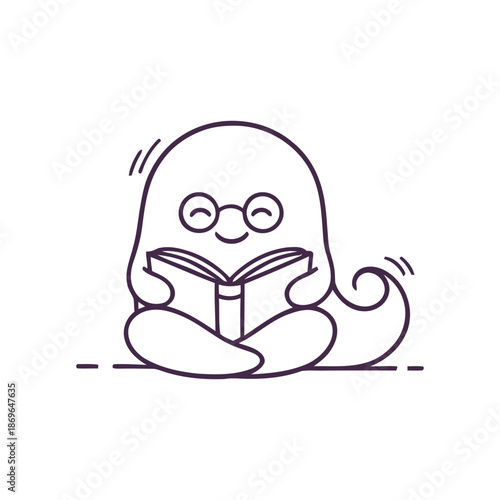 A cute cartoon monster reading a book with glasses on a white background
