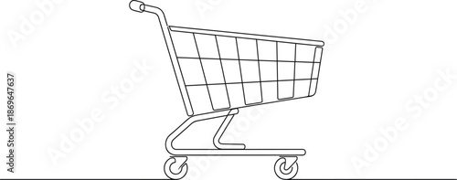 Continuous one line drawing of a shopping cart icon for e-commerce retail grocery store supermarket and consumerism,