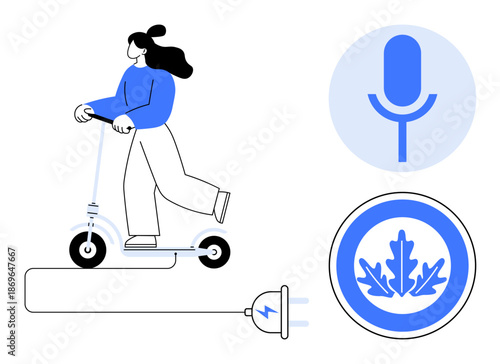 Sustainable transport, eco-awareness, renewable energy, lifestyle, voice control, urban mobility. Woman on an e-scooter, plug and eco badge. Sustainable transport and eco-awareness