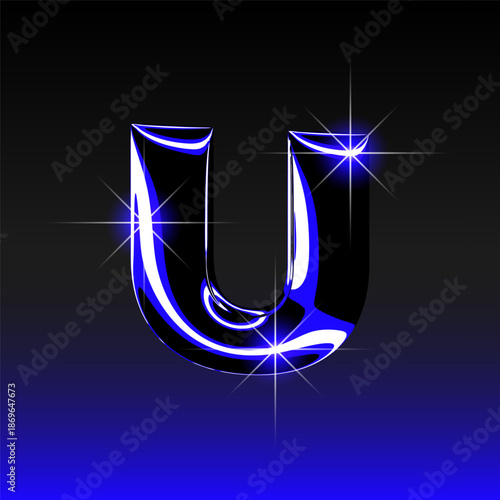 Glossy 3D letter U with holographic finish. Y2K font in iridescent liquid metal. Isolated vector render for contemporary retro-futuristic design