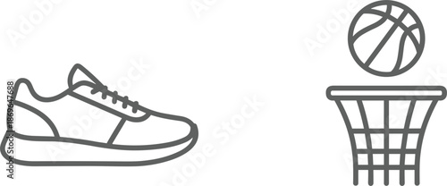 Line icons of a running shoe sneaker and basketball hoop for fitness sports lifestyle athletic competition and exercise,