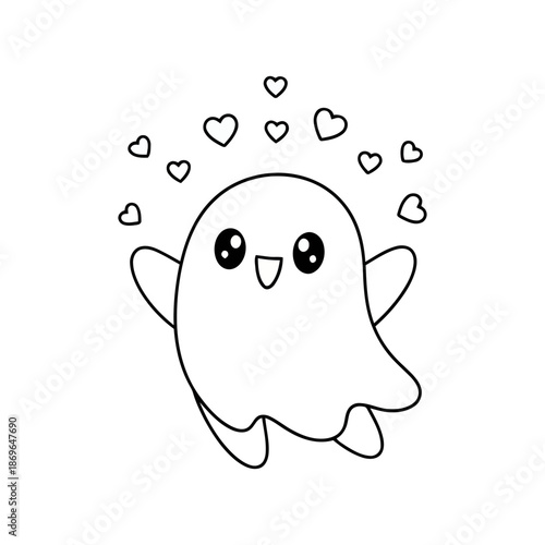 A cute cartoon ghost with hearts floating around its head in a minimalist line art style