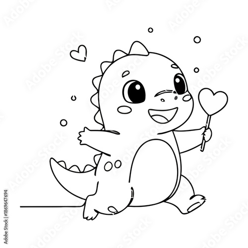 A cute cartoon dinosaur holding a heart-shaped lollipop in a playful and affectionate illustration