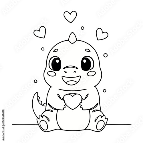 A cute cartoon dinosaur holding a heart with hearts floating around it in a simple line art style