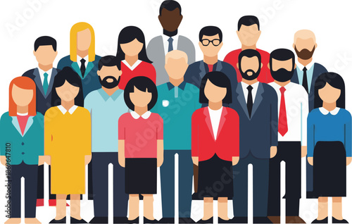 A flat design illustration showing a large, diverse group of professional men and women standing together, symbolizing teamwork, unity, and a global workforce.