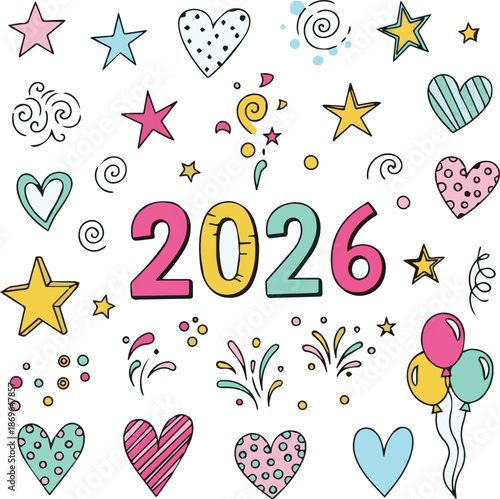 A celebratory and colorful hand-drawn doodle for the year 2026, featuring festive stars, hearts, balloons, and fireworks to mark a special anniversary or new year.