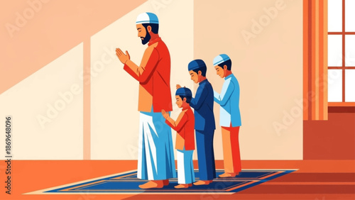 Islamic prayer illustration showing a father leading three sons in congregation at home (Salat)