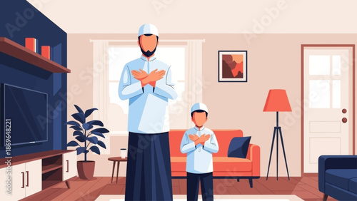 Muslim father and son praying Salat together at home. Vector illustration of family religious tradition and worship.