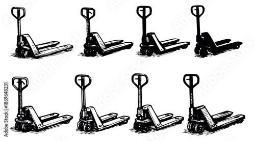 Hand drawn pallet jack illustrations set featuring various designs for logistics and warehousing