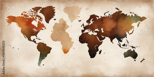 Vintage grunge world map illustration featuring a weathered antique paper texture with an ancient globe atlas perspective of Earth continents including America Asia and Europe for travel art