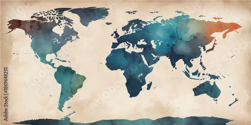 An artistic grunge watercolor world map illustration featuring vintage paper textures and continents like Europe, Asia, and America for a global geography travel atlas of the earth