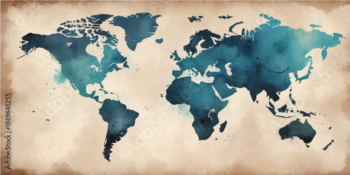Vintage grunge world map illustration featuring a weathered earth globe with detailed continents and oceans for global travel and geography business