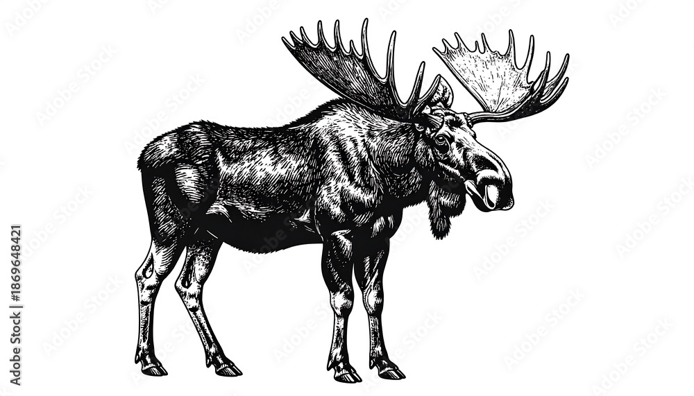 Obraz premium Detailed monochrome drawing of a majestic moose with enormous antlers, standing, isolated on a bright white background