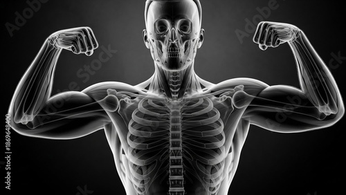Human anatomy x-ray style man body with skeleton and muscle flexing arm on dark background. Health, strength and medical concept.