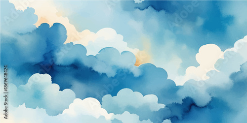 A seamless vector illustration of a bright blue sky with fluffy white clouds, creating a summer nature cloudscape pattern for a light and airy atmosphere wallpaper design
