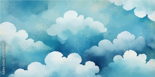 A beautiful clear blue sky filled with fluffy white cumulus clouds creates a bright nature cloudscape during a sunny summer day in the peaceful atmosphere