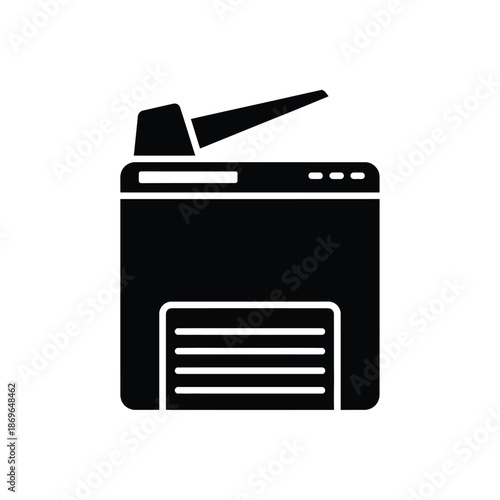 Vector illustration icon a black and white icon of a printer with a paper tray and print head