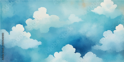 A beautiful clear day featuring fluffy white cumulus clouds drifting across a bright blue summer sky, creating a natural cloudscape and peaceful atmosphere in the light of the sun