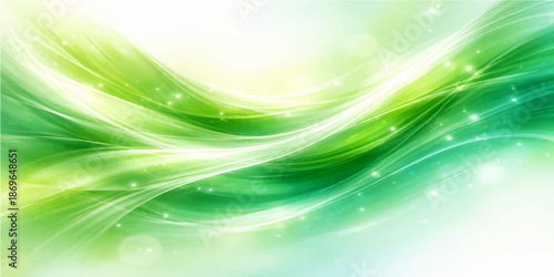 Abstract green background featuring flowing waves and bright vector light curves creates a dynamic motion pattern with elegant fractal swirl elements for a modern wallpaper backdrop design