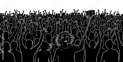 Silhouette of a crowd at a concert with a woman taking selfie