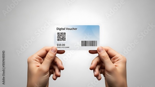 Hands holding digital voucher with barcode.