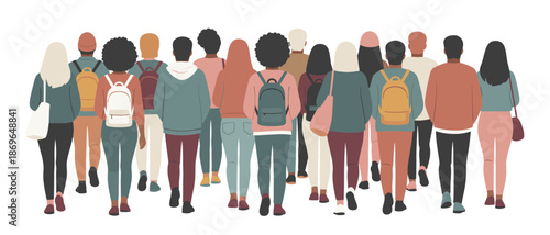 Diverse group of students walking away with backpacks