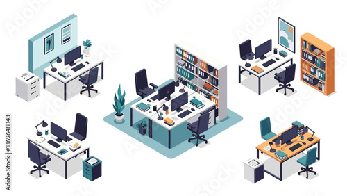 Isometric office space layout with multiple desks, computers, chairs, bookshelves, and plants for a modern workplace environment.