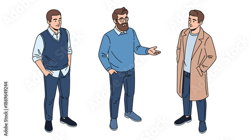 Three stylish men standing together wearing casual and smart business attire like vests, sweaters, and long coats.