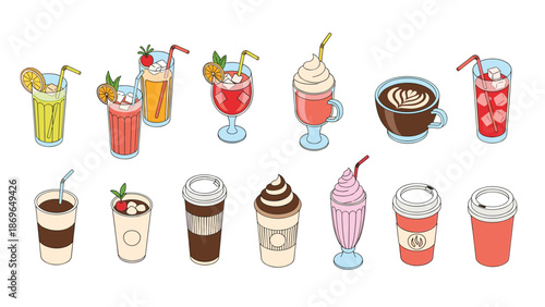 Selection of various hot and cold beverages including cocktails, coffee, milkshakes, and juice in different glasses and cups.