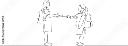 Continuous Line Illustration of Schoolgirl Giving Book to Another Student. Minimalist Line Art Concept of Education, Sharing Knowledge, Learning, and Friendship