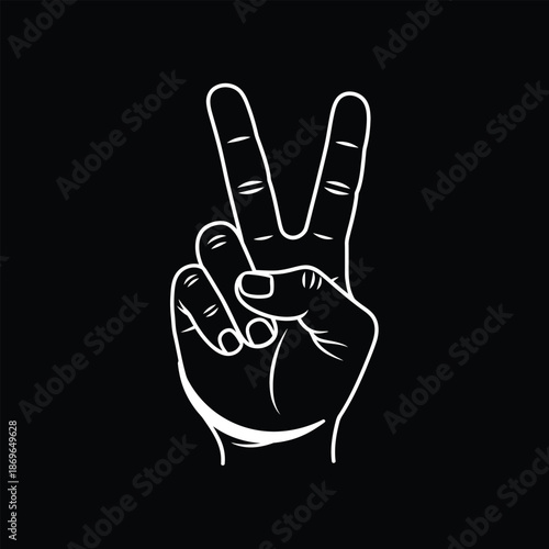 Vector illustration icon a white line drawing of a hand making peace sign gesture on black background