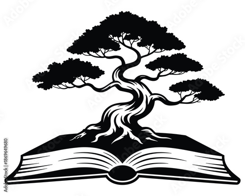 Bonsai Tree on Open Book Symbolizing Knowledge and Growth