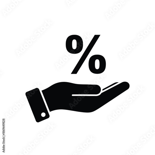 Vector illustration icon black icon of a hand with a percent sign above it, isolated on white background, symbolizing discount or percentage concept