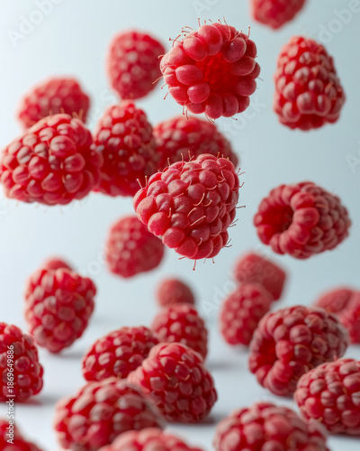 Fall down whole ripe raw raspberries, flying fresh delicious fruits in the air close-up isolated on white background