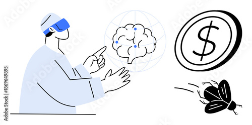 Artificial intelligence, virtual reality, technology, finance, innovation, automation. A person with a VR headset interacting with a brain, dollar symbol and fly. AI and virtual reality concepts