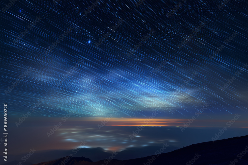 Obraz premium La Palma Caldera Night With Integrated Flux Nebula Revealed By Long-Exposure Stack, Calima-Free Sky, 85mm Telephoto, Subtle Star Trails Near Polaris