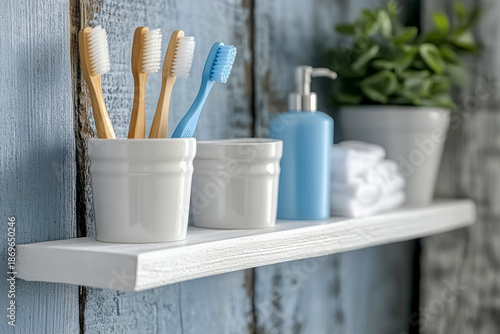 Storage area for natural bamboo toothbrushes in cup, blue bottle for soap and towels on shelf in bathroom setting with wooden walls and green plant in pot