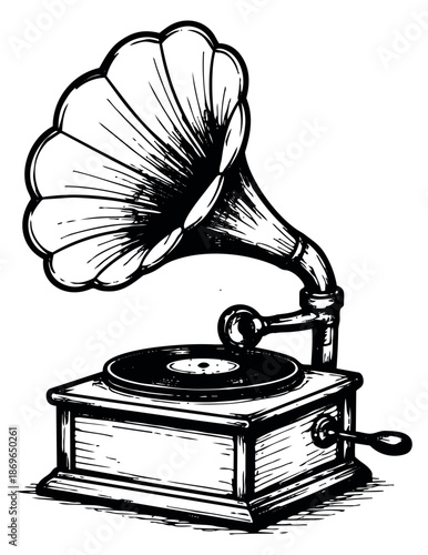 Hand drawn line art illustration of a gramophone depicting sound and music for retro entertainment
