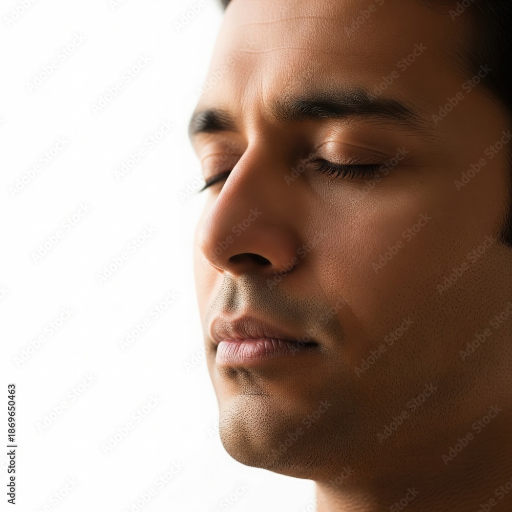 Fototapeta premium Indian Man Meditating Close Up on White Background – Calm Mindfulness Portrait