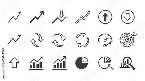 Dynamic collection of business analytics icons for growth trends, financial progress, market performance, data visualization, and strategic target achievement in presentations and digital dashboards
