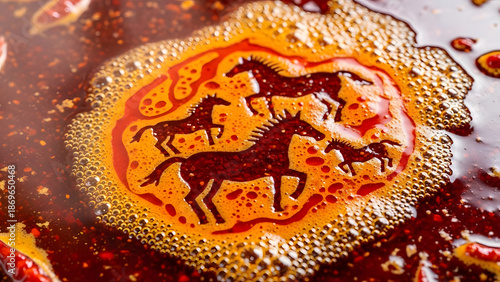 Spicy Sichuan hot pot broth with oil bubbles forming the shape of running horses creative food art for the Year of the Horse
