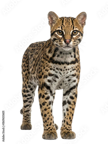 Photos Ocelot wild cat standing on grey background