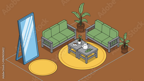 Minimalist green living room arrangement with two wooden sofas, a coffee table on a yellow rug, and a large mirror.