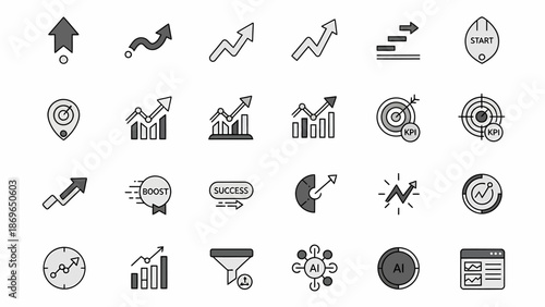 Collection of Business and Finance Icons, Including Growth Charts, Targets, and Analytics Tools