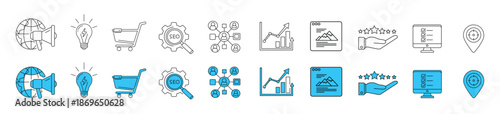 Market analysis icon set. Outline containing global marketing, growth, teamwork, feedback, with blue accent research, trends, insight, data, productivity, marketing, strategy vector silhouette.