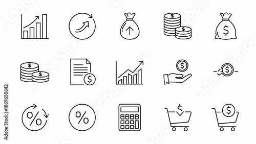 Essential financial and business line art icons depicting money growth, investment strategies, e-commerce transactions, and economic analysis for modern digital projects