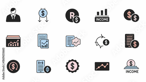 Diverse vector icon set showcasing essential concepts of finance, business, income, and analytics, perfect for digital interfaces, presentations, and economic reporting