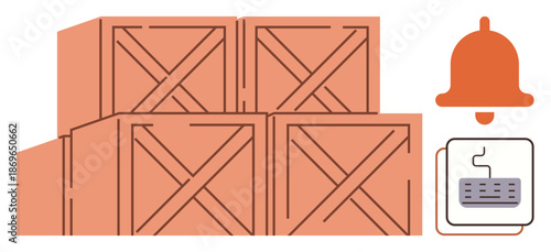 Logistics, warehouse management, inventory control, security monitoring, shipping, alert systems. Wooden crates stacked with a bell and alarm device. Warehouse management and security monitoring